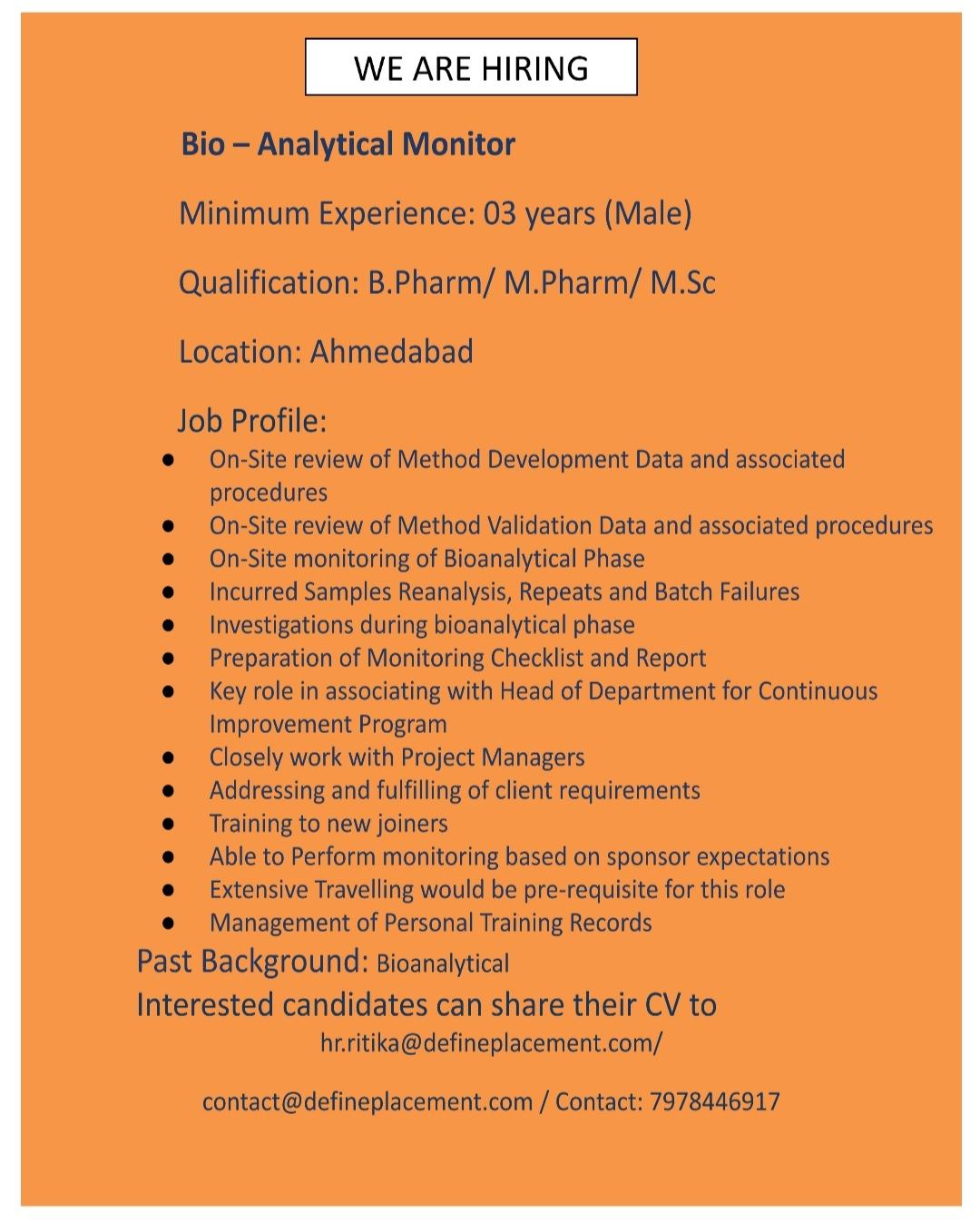 Bio –Analytical Monitor -Job vacancy at Ahmedabad location - Apply Now ...