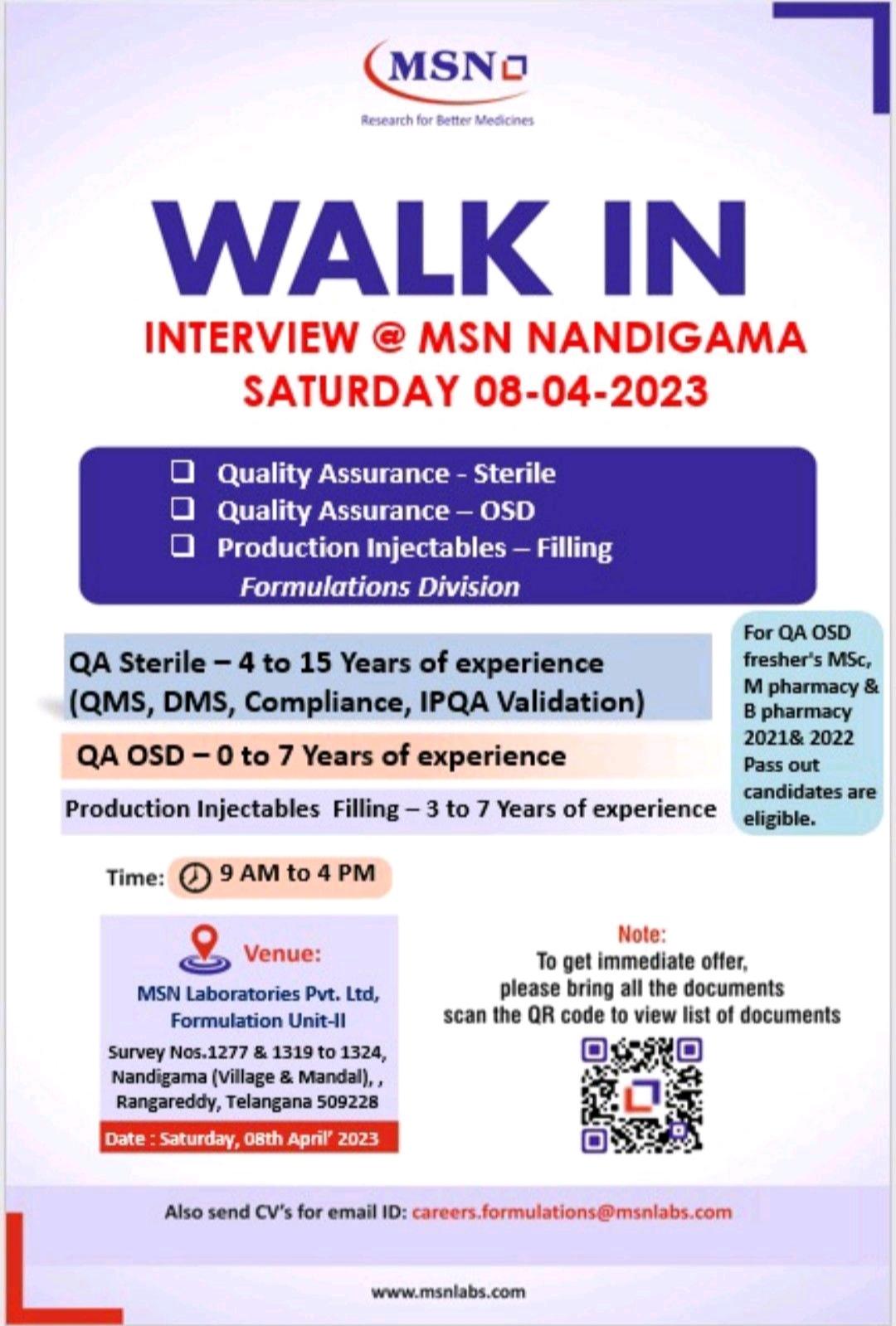 MSN Laboratories - Walk In Interview For Fresher & Experience ...