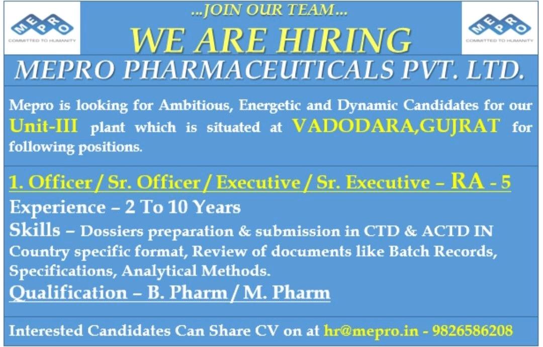 MEPRO Job vacancy for Officer/ Sr. Officer/ Executive/ Sr. Executive