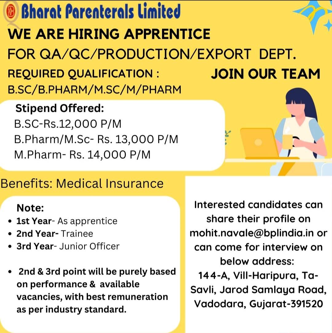 Bharat Parenterals - Job Vacancy For Freshers B.Sc/ M.Sc/ B.Pharm/ M ...