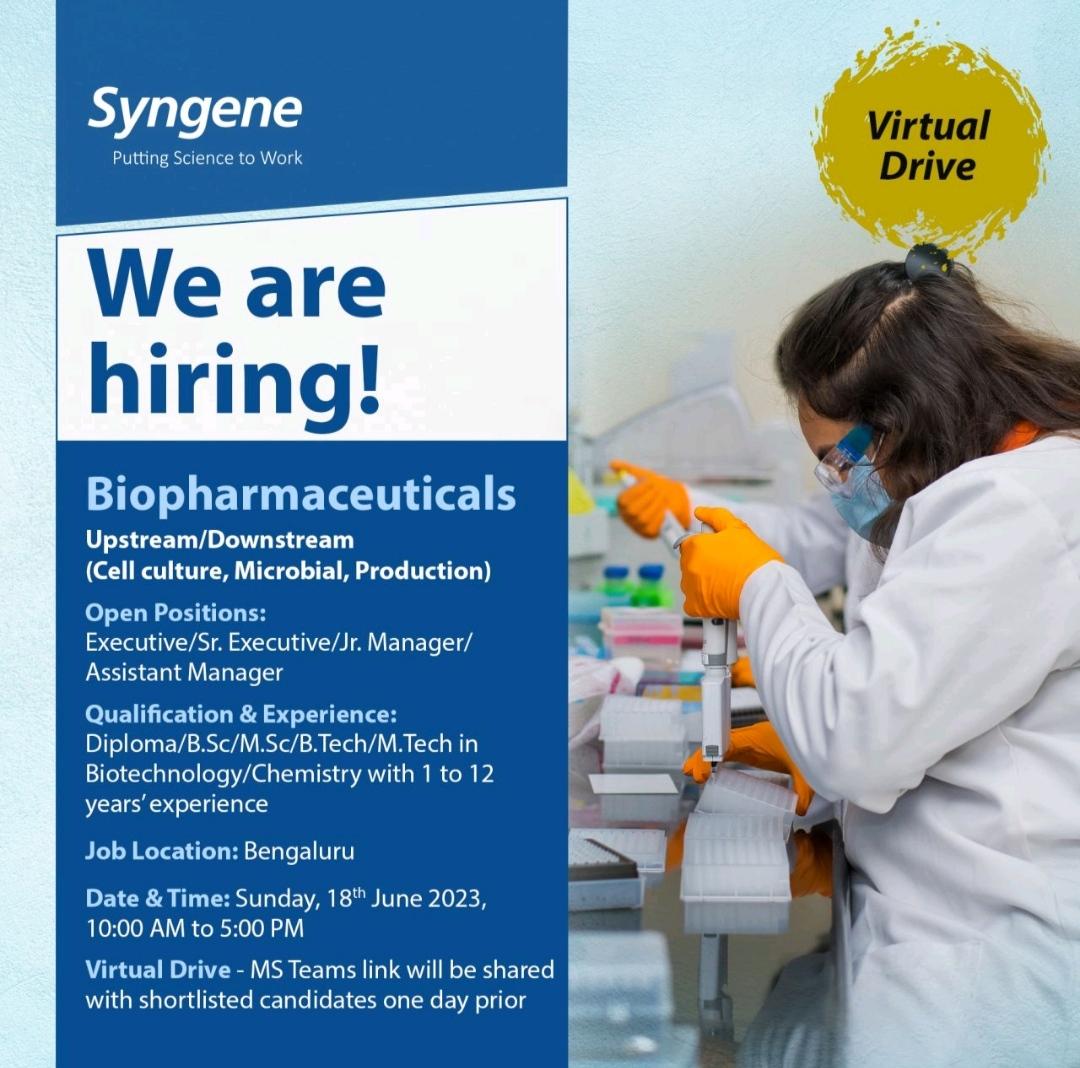 Syngene - Virtual Recruitment Drive On 18-Jun-23 (Sunday) | PHARMA JOBS ...