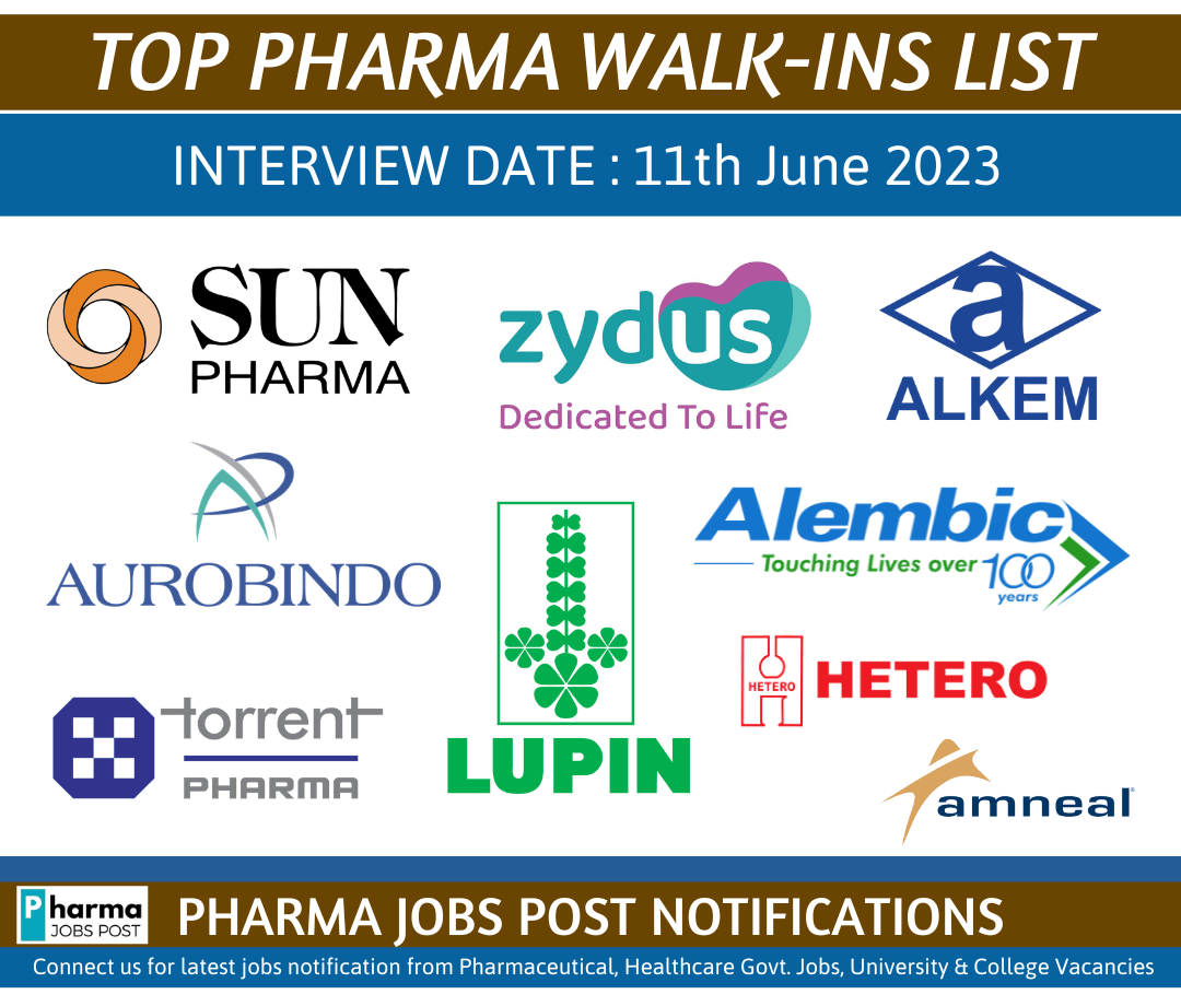 TOP PHARMA WALK-INS INTERVIEW LIST -11th June 2023 | PHARMA JOBS POST