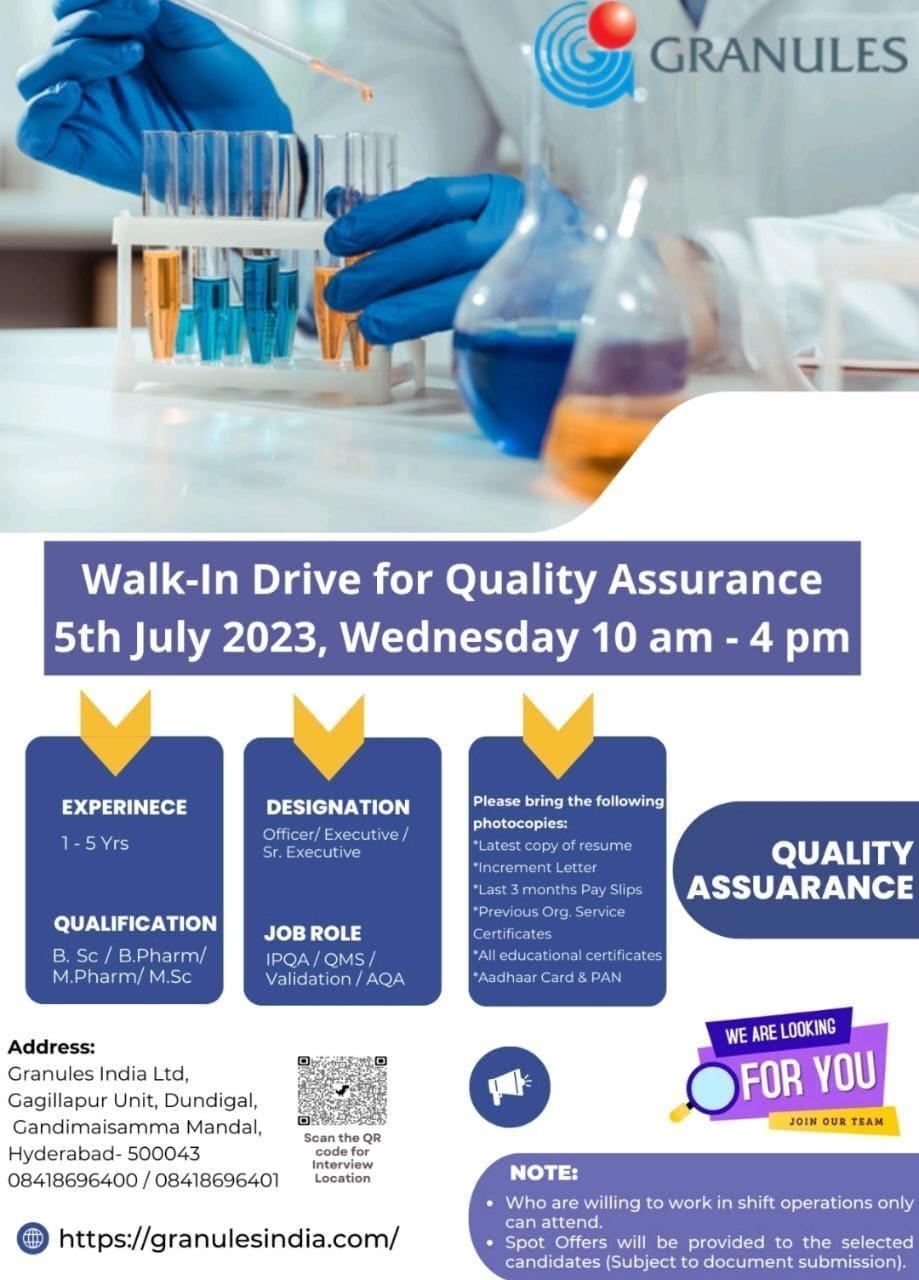 Granules India Ltd Walk in Interview for Quality Assurance department ...