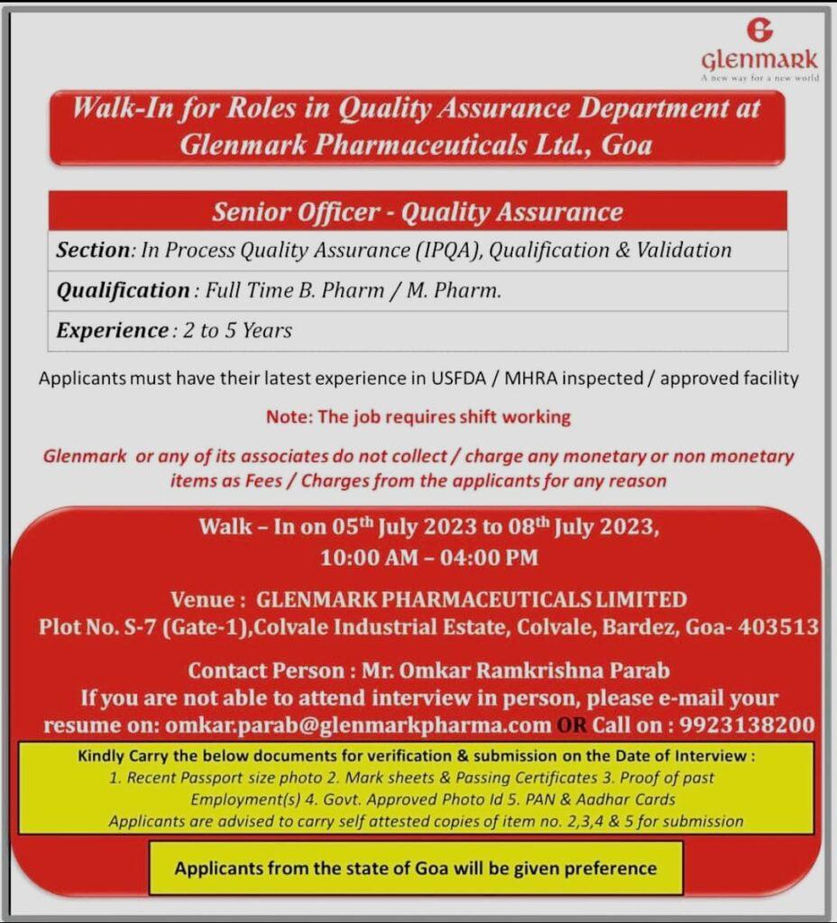 GLENMARK PHARMACEUTICALS LIMITED Walk In Interview On 05th To 08th July ...