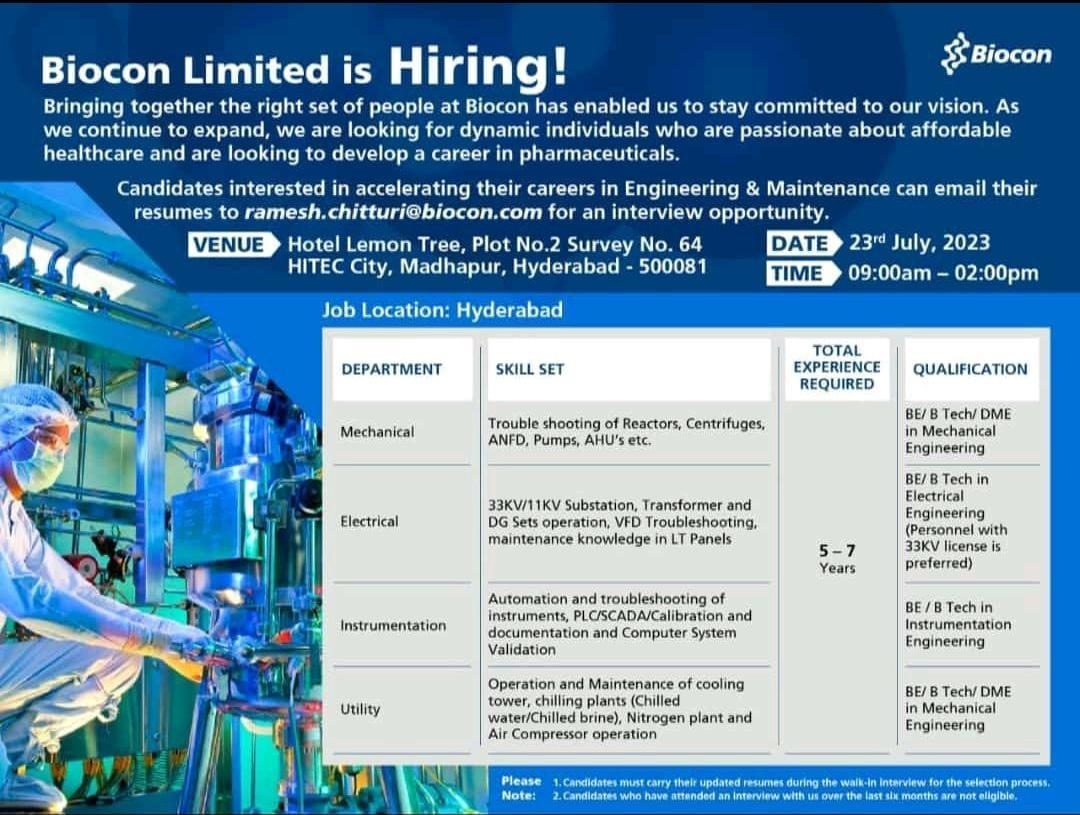 Biocon Limited Walk In Interview On 23rd July, 2023 | PHARMA JOBS POST