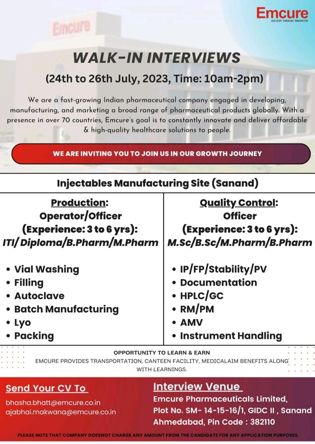 Emcure Pharmaceuticals - Walk-In drive at Sanand plant from 24th Jul ...