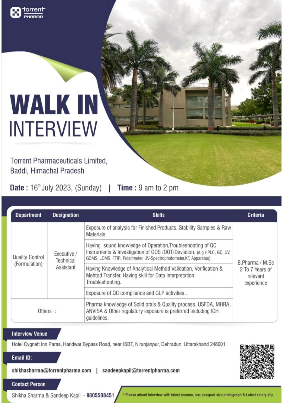 Torrent Pharmaceuticals Limited Walk In Interview On 16th July 2023 ...