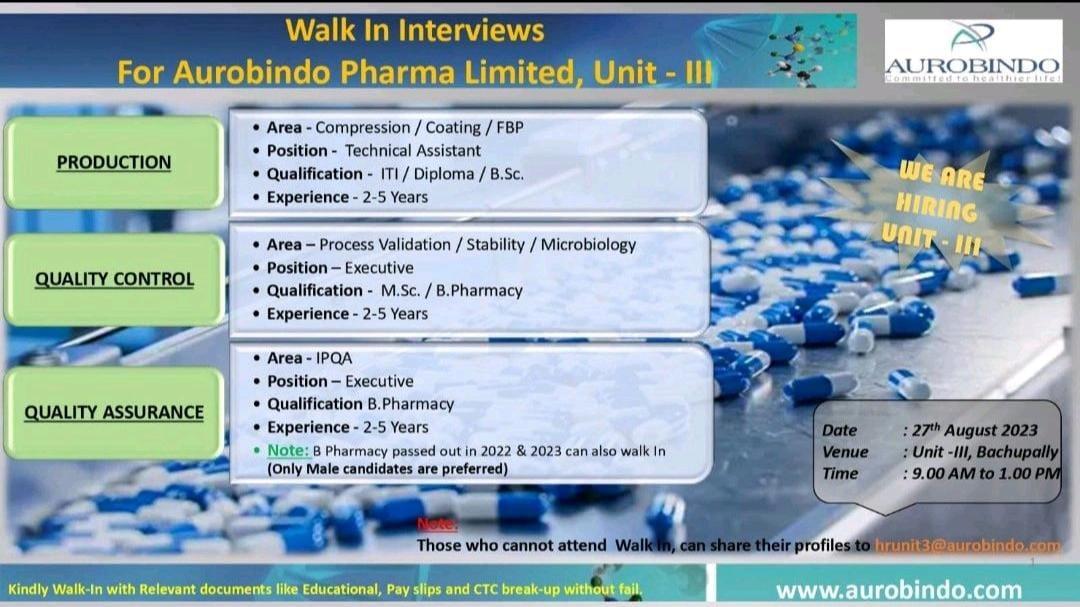 Aurobindo Pharma- Walk In Interviews For QA, QC & Production On 27th ...