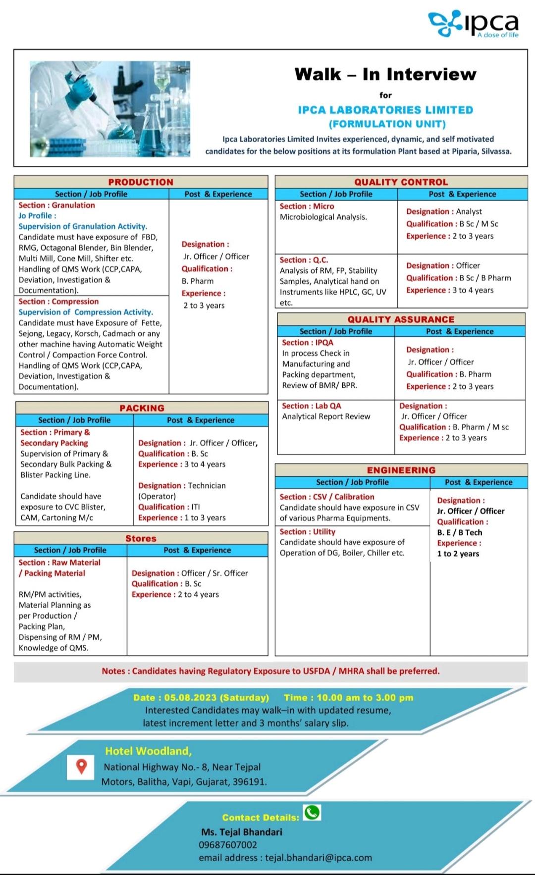 Ipca Laboratories Walk In Interview For Multiple Opening In Qa Qc