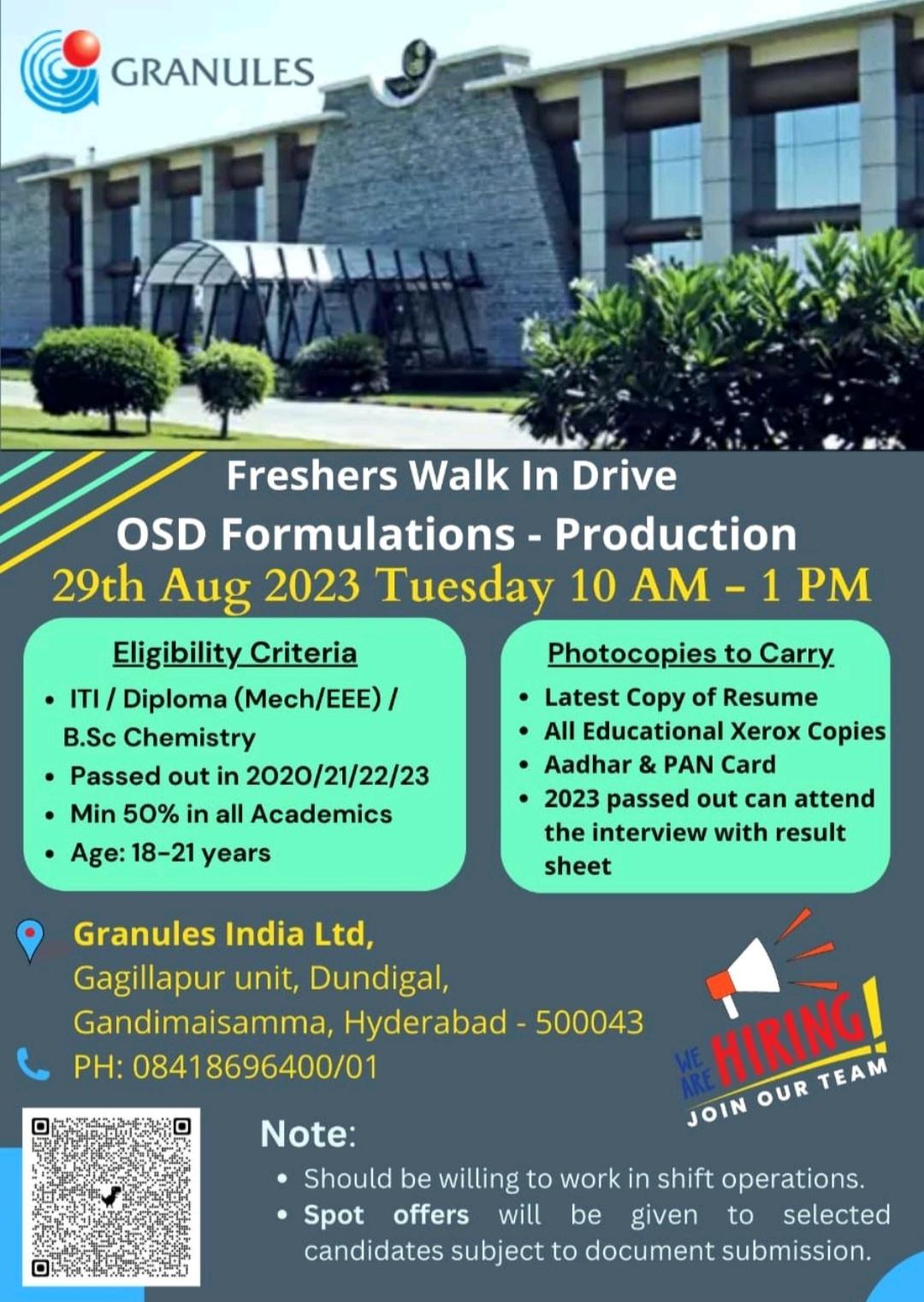 Granules India Ltd Walk In Drive on 29th Aug 2023 Tuesday for Freshers ...