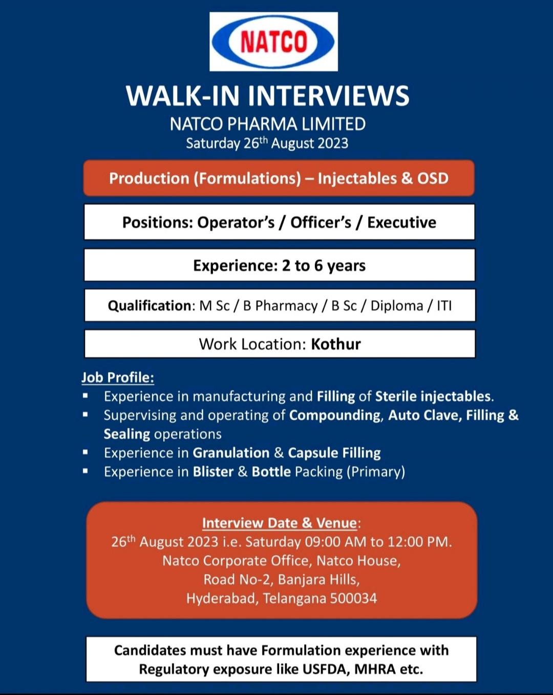 Natco Pharma limited Walk In Drive on 26th August 2023(Saturday ...