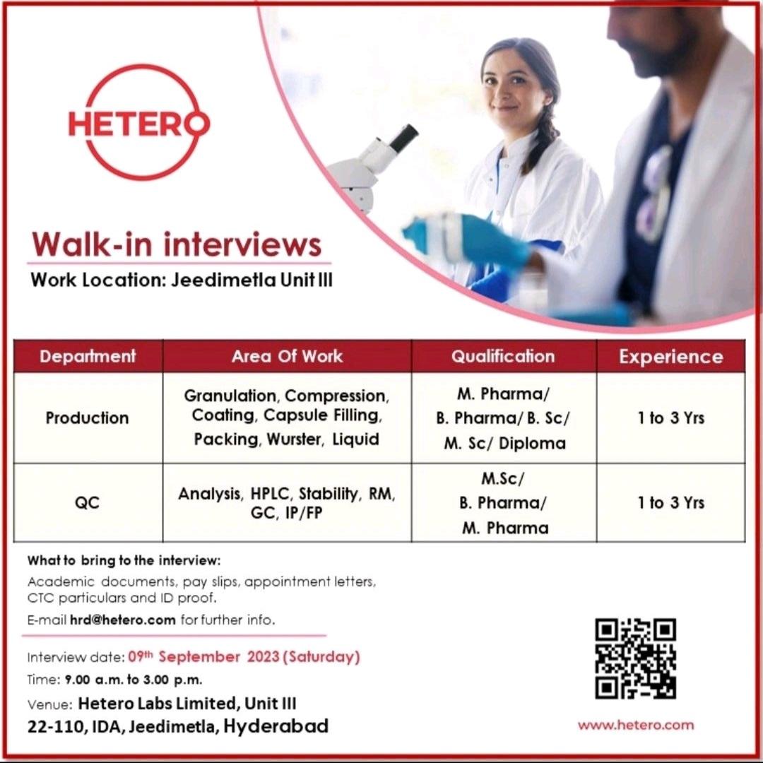 Hetero Labs Limited Walk In Drive On 09th September 2023 (Saturday) For ...