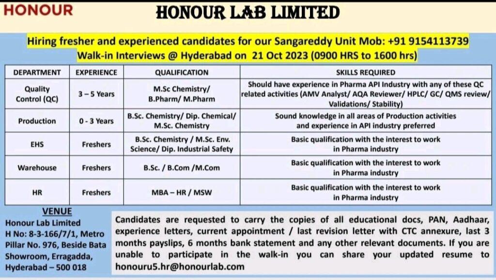 Honour Lab Limited Hiring Fresher And Experienced Candidates|Quality ...