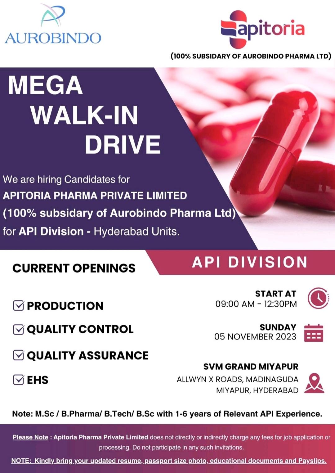 Apitoria Pharma Walk In Interview For Production, QA, QC & EHS ...