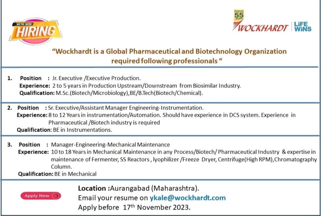 Wockhardt Job Vacancy In Production & Engineering Department ...