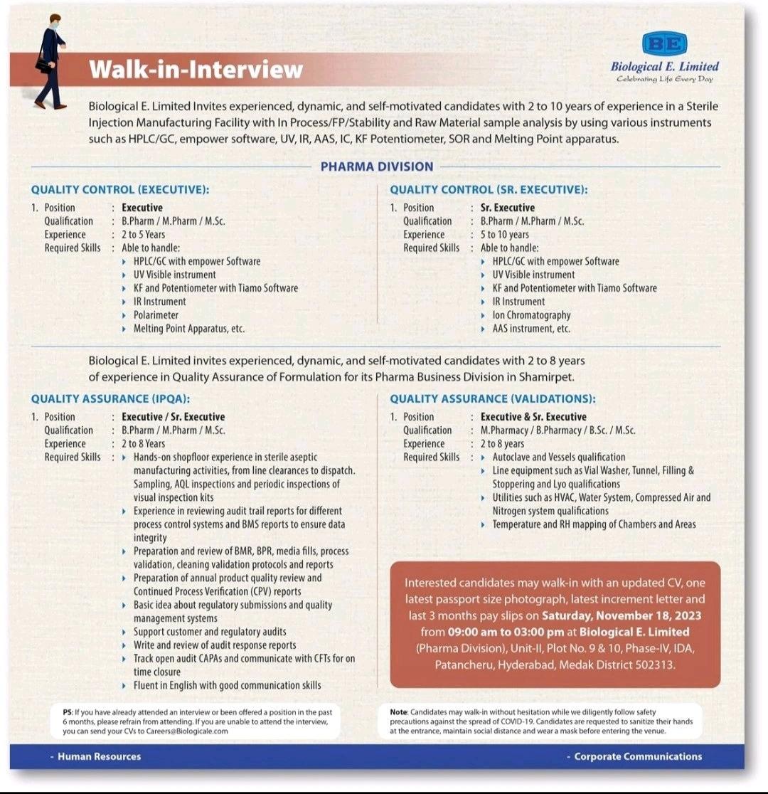 Biological E Limited Job Vacancy For Multiple Opening In Qc Qa