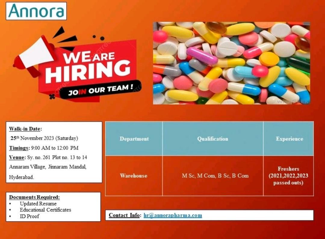 Annora Pharma Walk-in Drive For MSc, M Com, B Sc, B.Com Freshers For ...