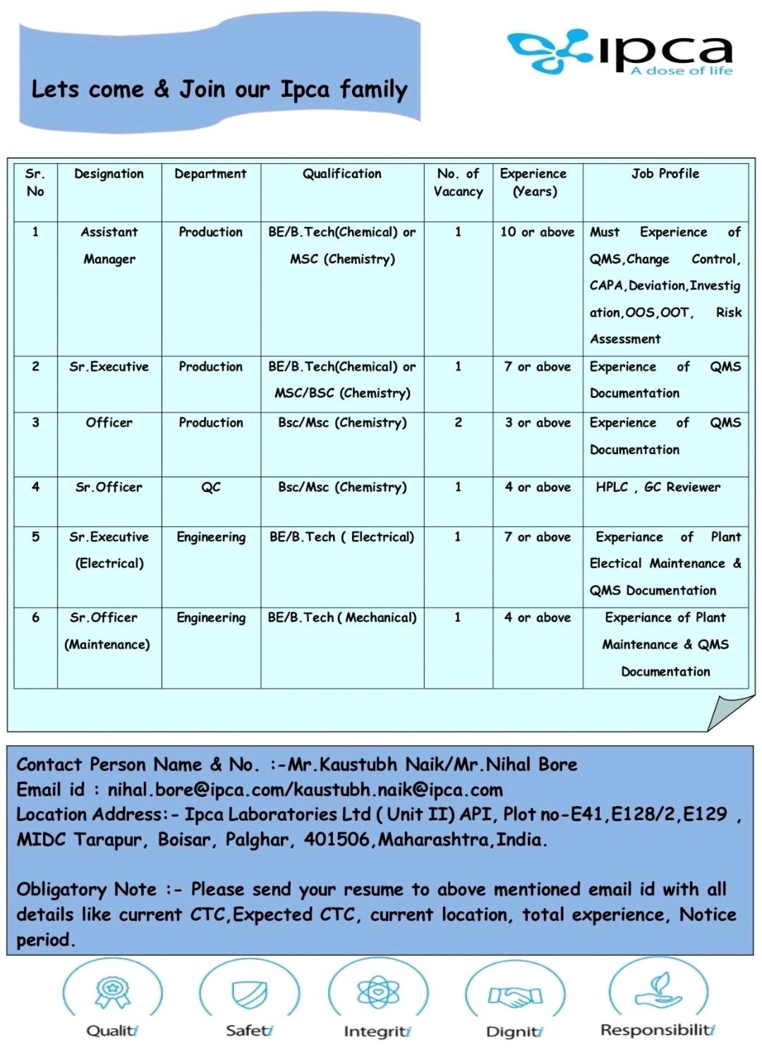 Ipca Job Vacancy For Officer, Sr. Officer, Sr. Executive, Assistant ...