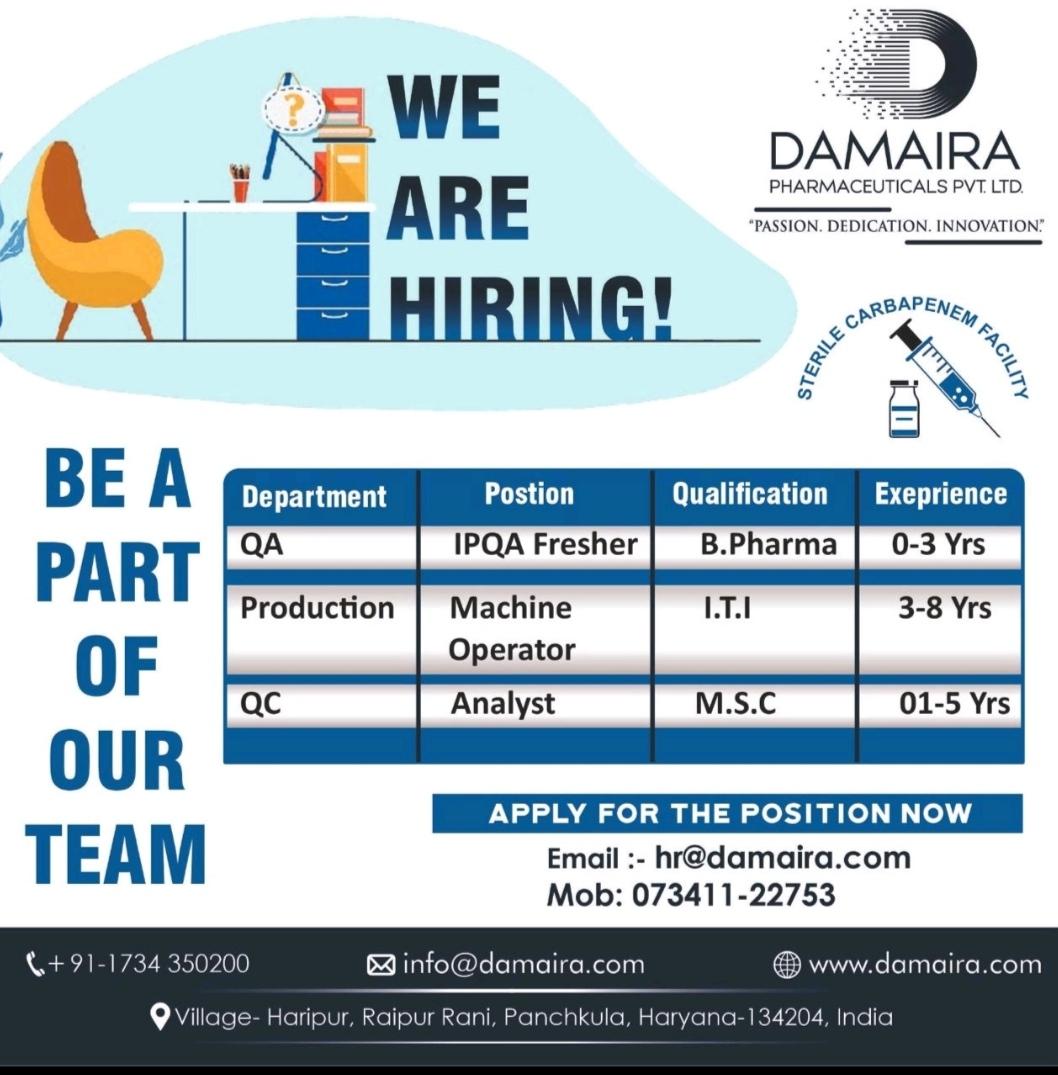 Damaira Pharmaceuticals Job Vacancy For QA, QC & Production | Freshers ...