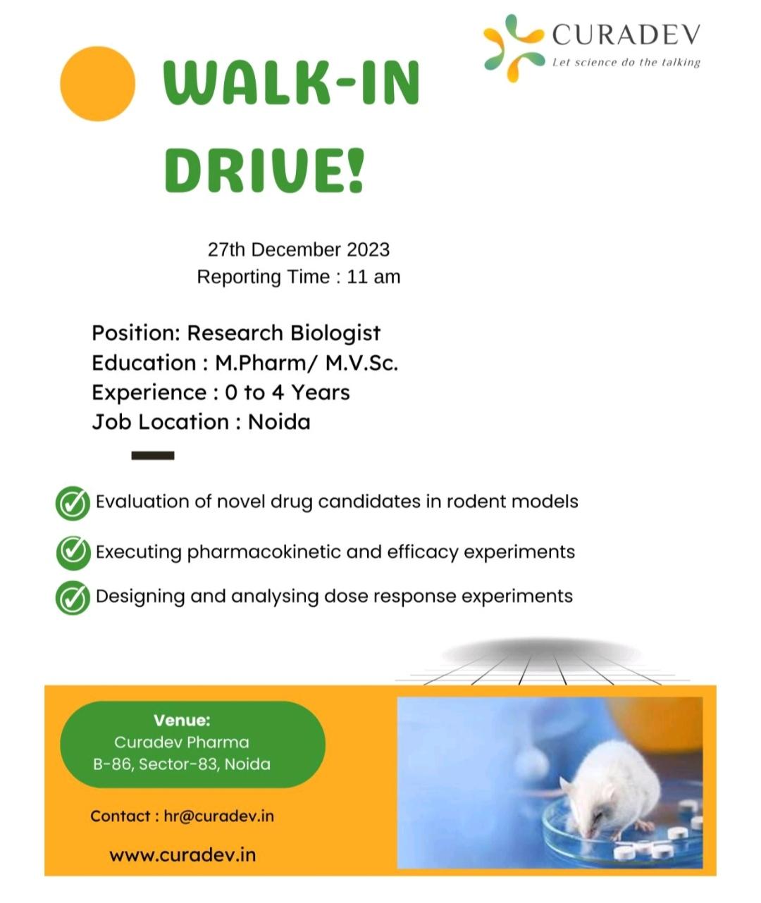 Curadev Pharma Walk In Drive For M.Pharm/M.V.Sc Freshers & Experience ...