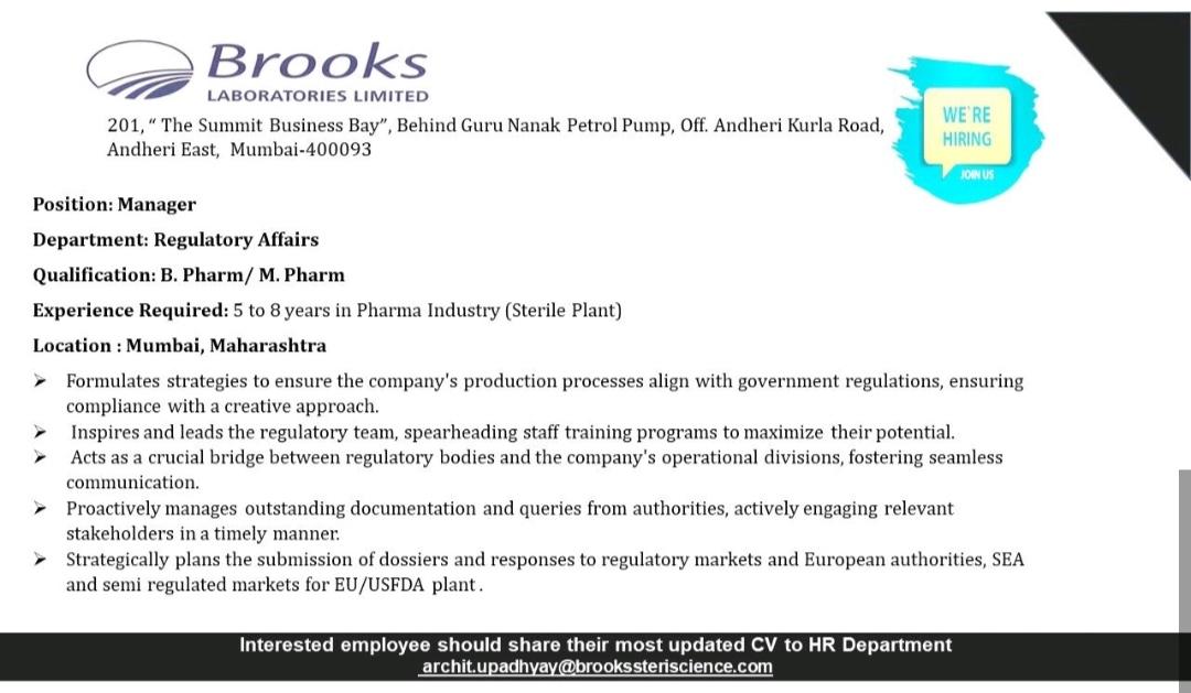 Brooks Laboratories job vacancy for Regulatory Affairs department ...