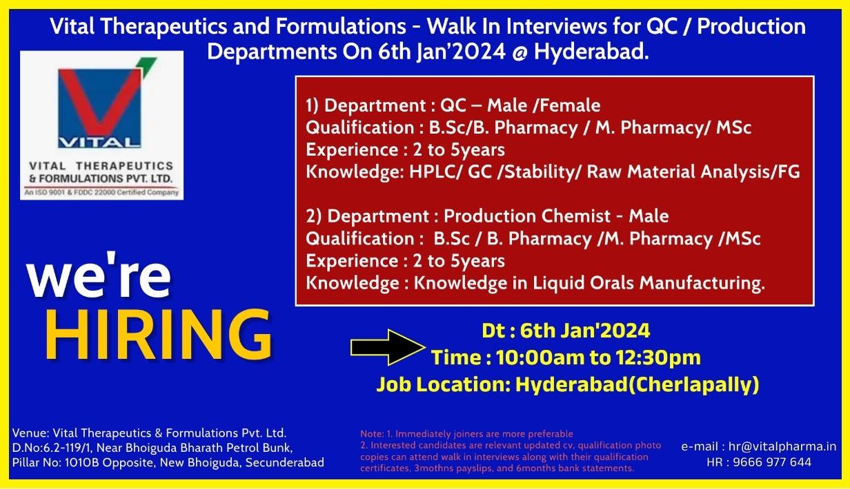 Vital Therapeutics and Formulations - Walk In Interviews for QC ...