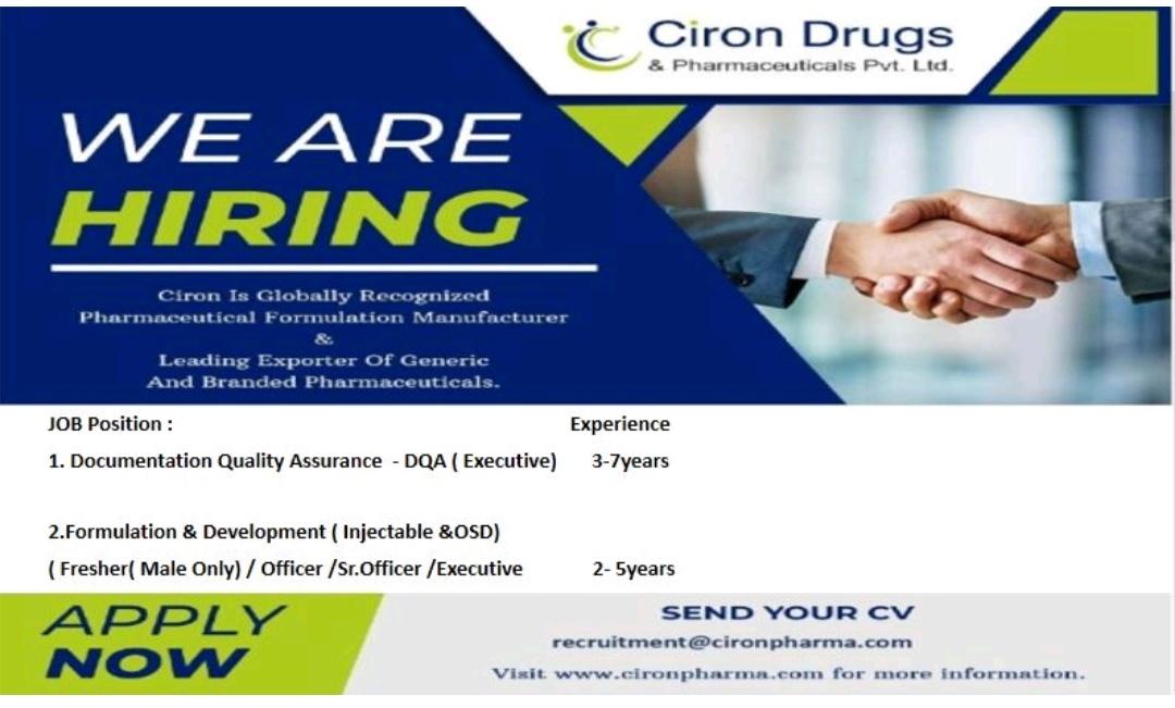 Ciron Drugs & Pharmaceuticals job vacancy for DQA, Formulation ...