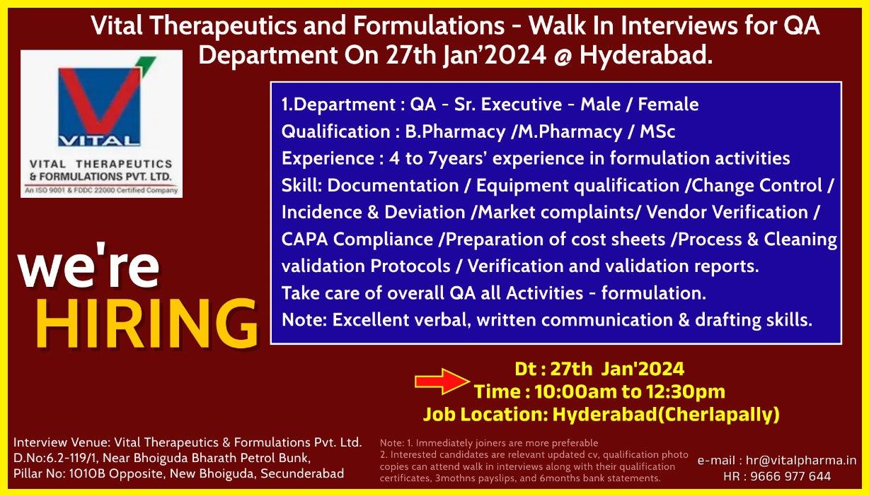 Vital Therapeutics and Formulations - Walk In Interviews for QA ...