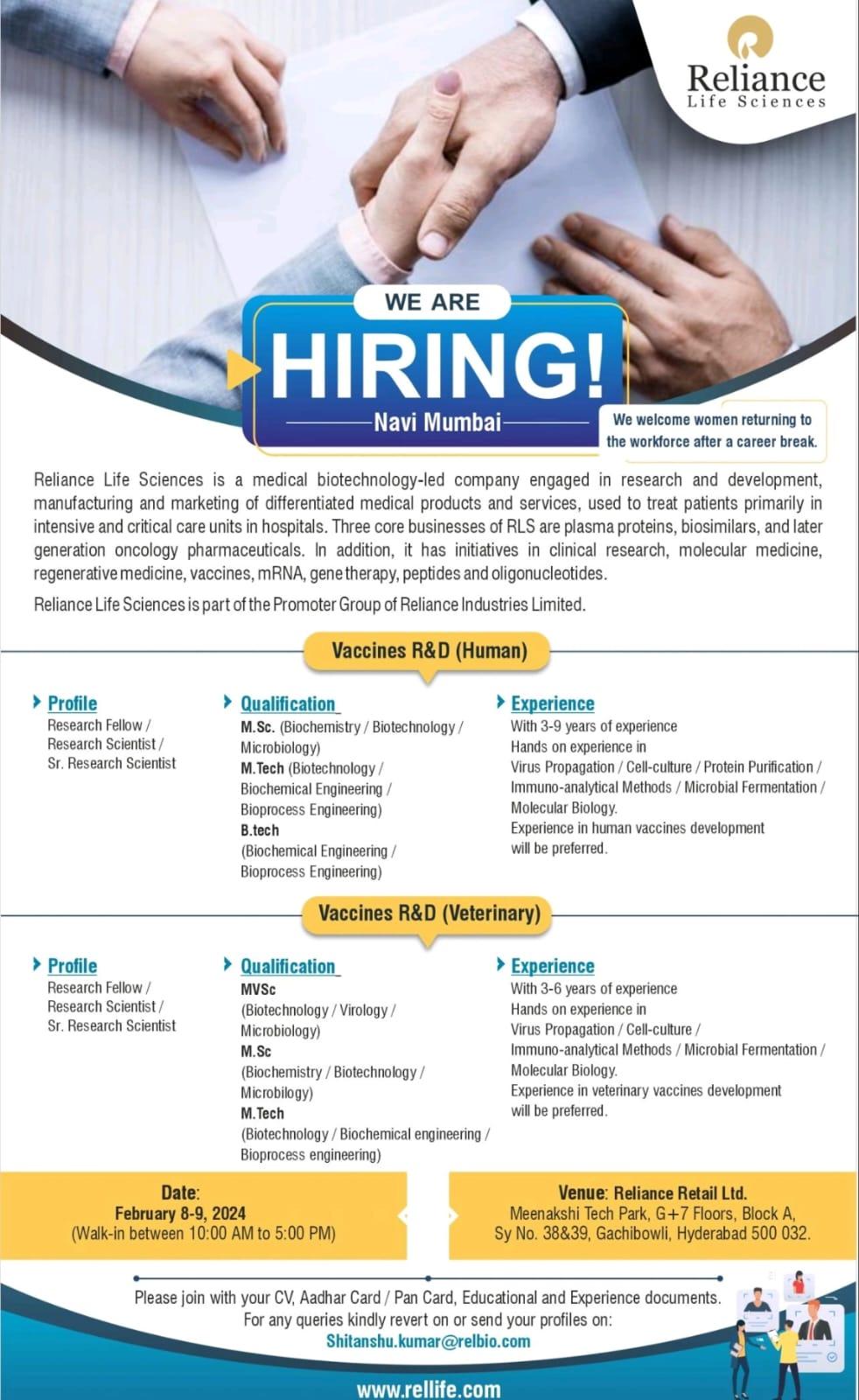 Reliance Life Sciences walk in interview for multiple opening in R&D ...