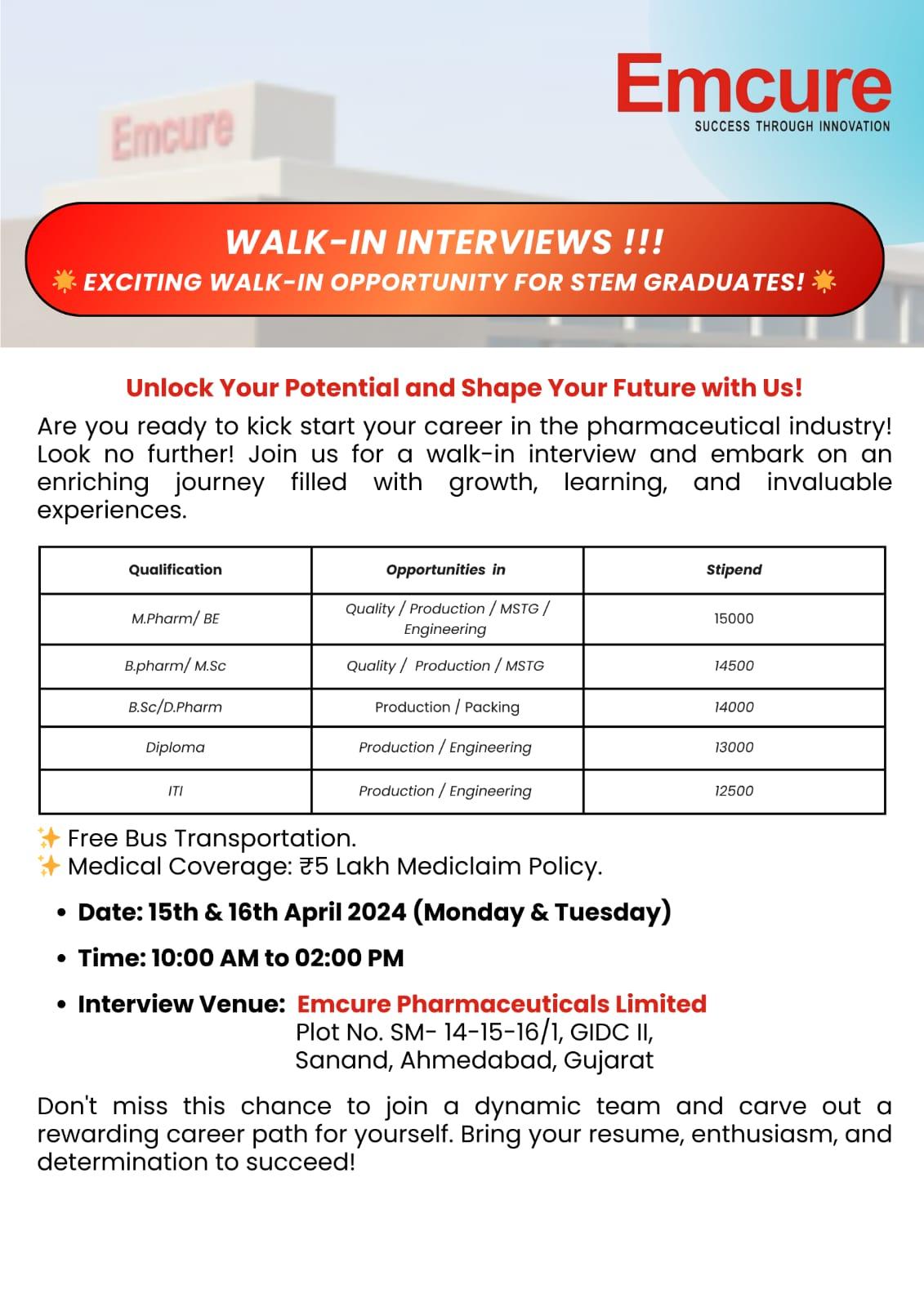 Emcure Pharmaceuticals Walk In Interview For Quality/ Production/ MSTO ...