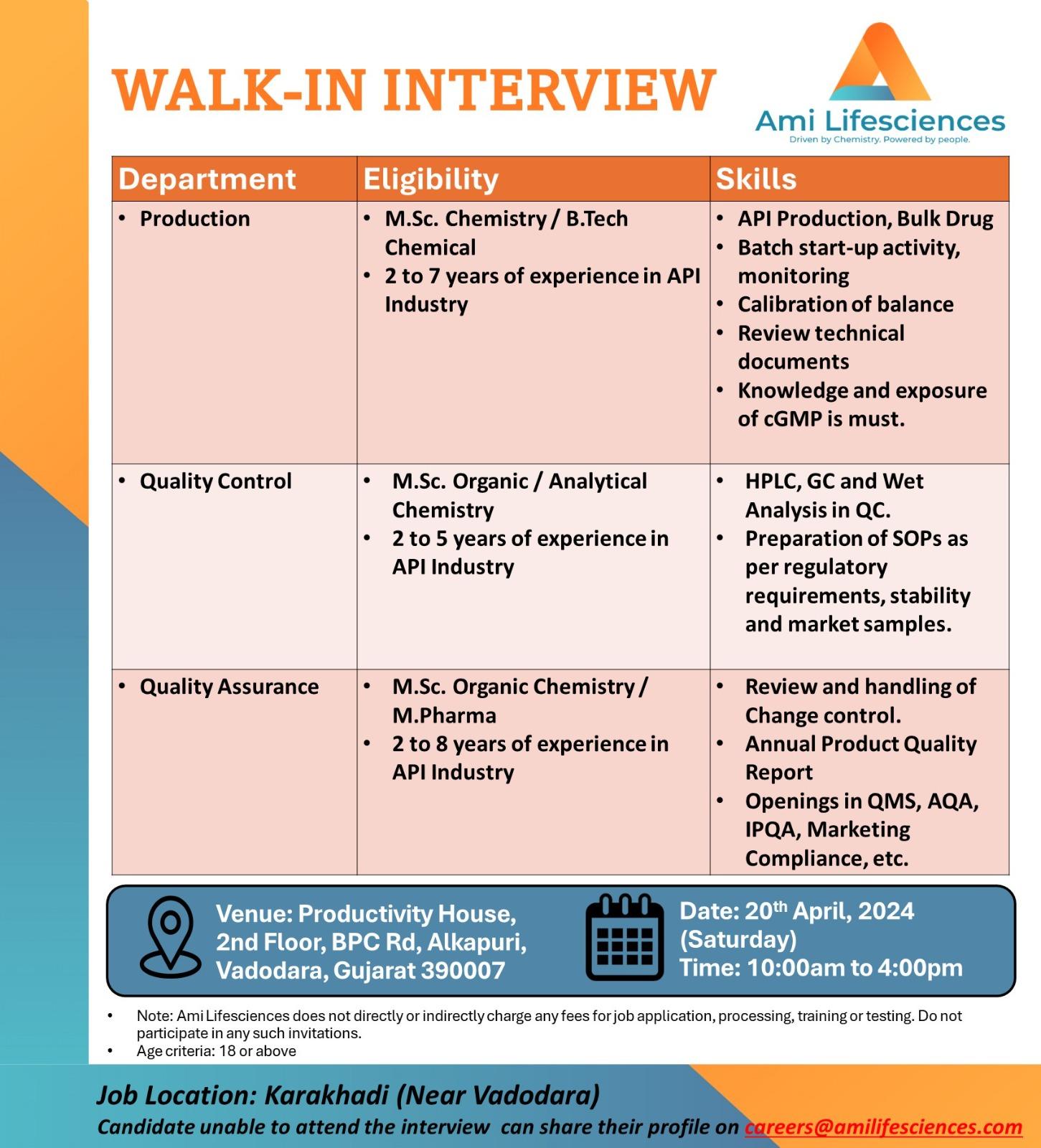 Ami Lifesciences Walk-In Interview for Production / QC / QA for its ...