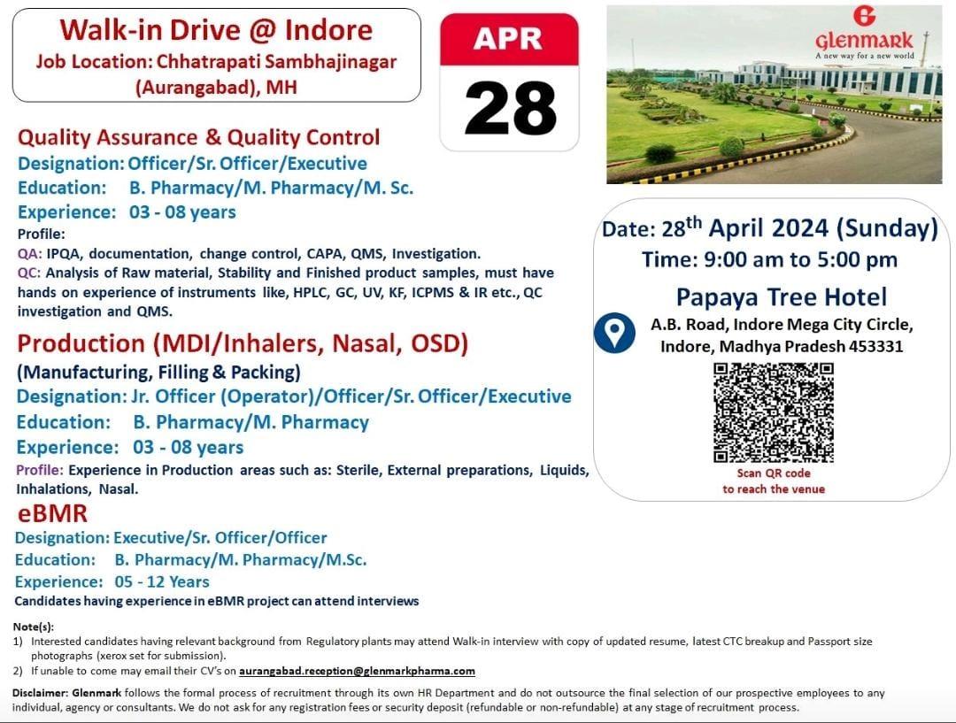 Glenmark Pharma Walkin Drive Indore on 28th April 2024 QA, QC