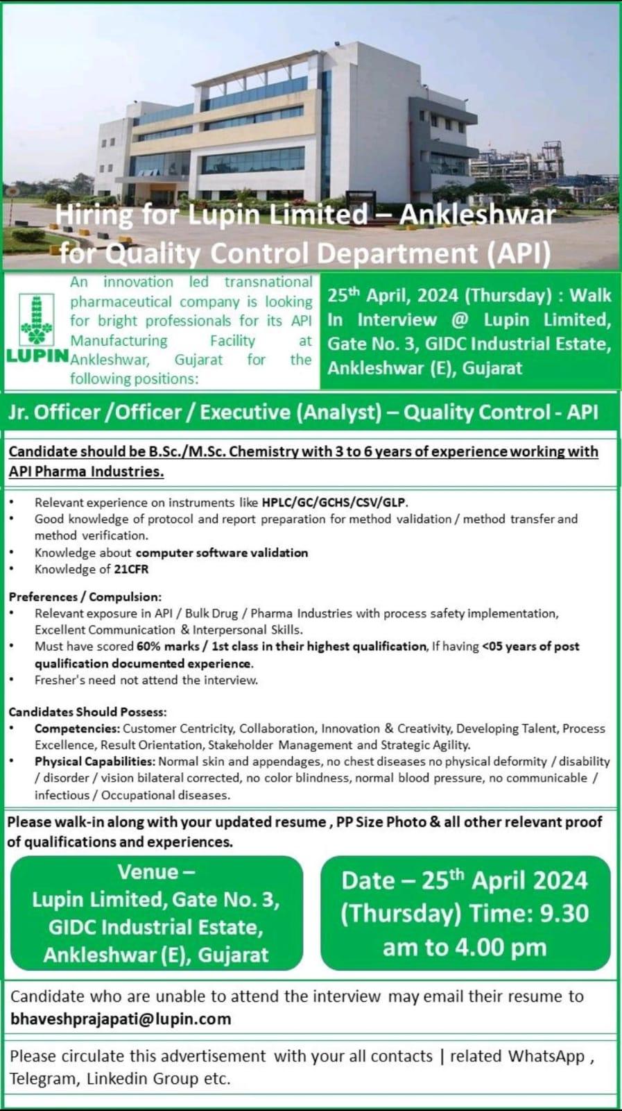 Walk-in Interview for QC Department on 25th April, 2024@ Lupin Limited ...