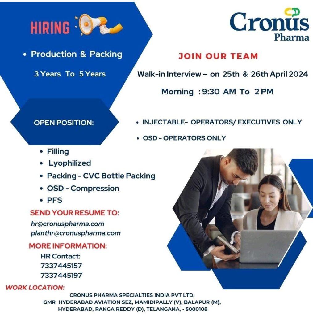 CRONUS PHARMA Walk-in Interview on 25th & 26th April 2024 for ...