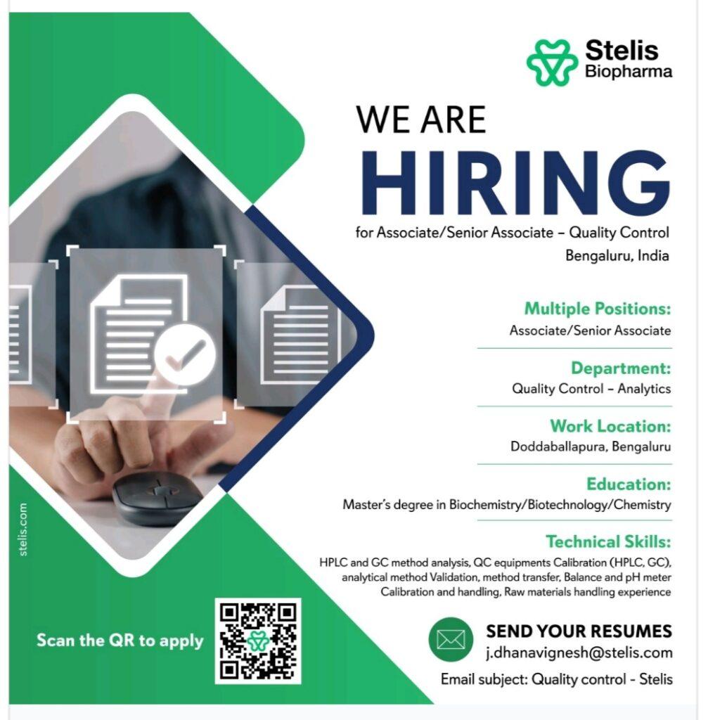 Stelis Biopharma hiring for Associate/ Senior Associate - Quality ...