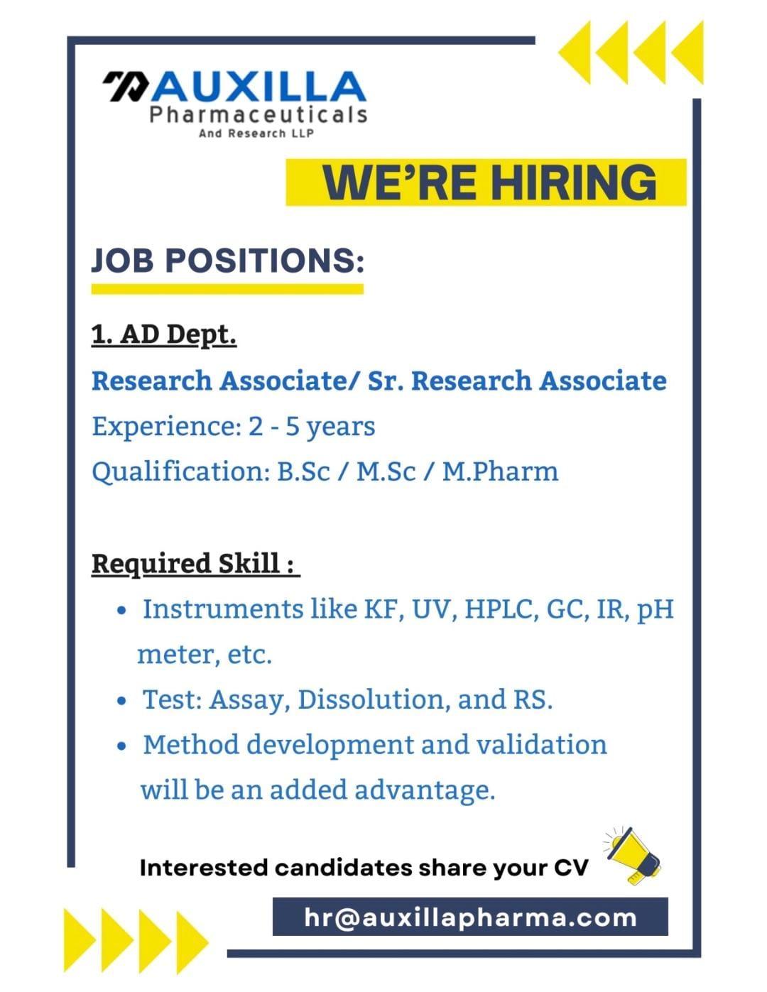 AUXILLA PHARMA hiring Research Associate/ Sr. Research Associate- AD ...