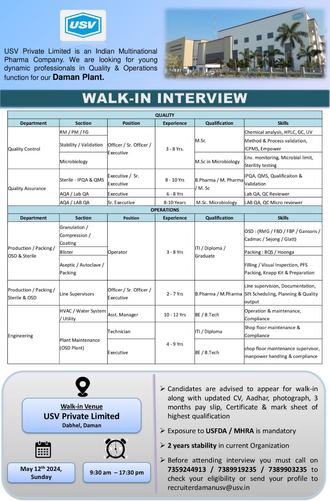 Walk in interview on May 12th 2024, Sunday @ USV Private Limited, Daman ...