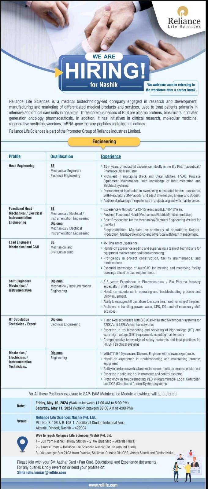 Reliance Life Sciences walk-in drive in Nashik on May 10 and 11, 2024 ...