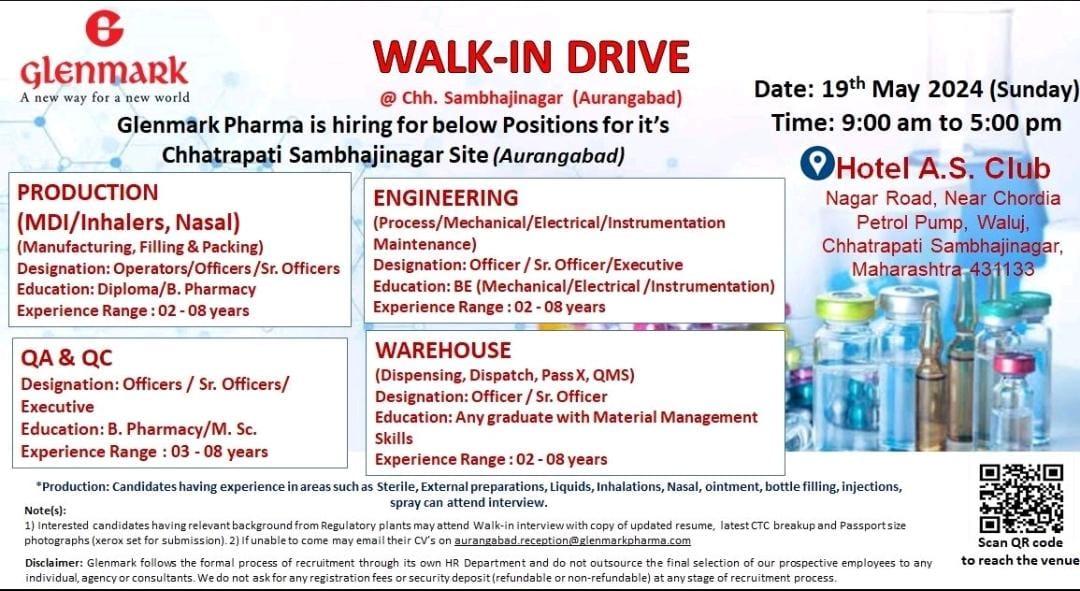 Glenmark Pharma Walk In Drive For Production, QA, QC, Engineering ...