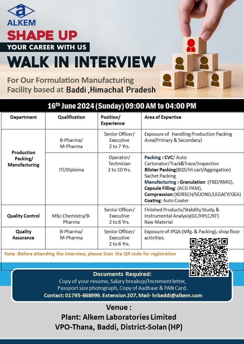 Alkem Laboratories walk in interview for Production Packing/ Mfg., Qa ...