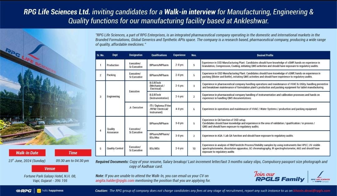 RPG Life Sciences Ltd walk in interview for Production, Packing, QA, QC ...