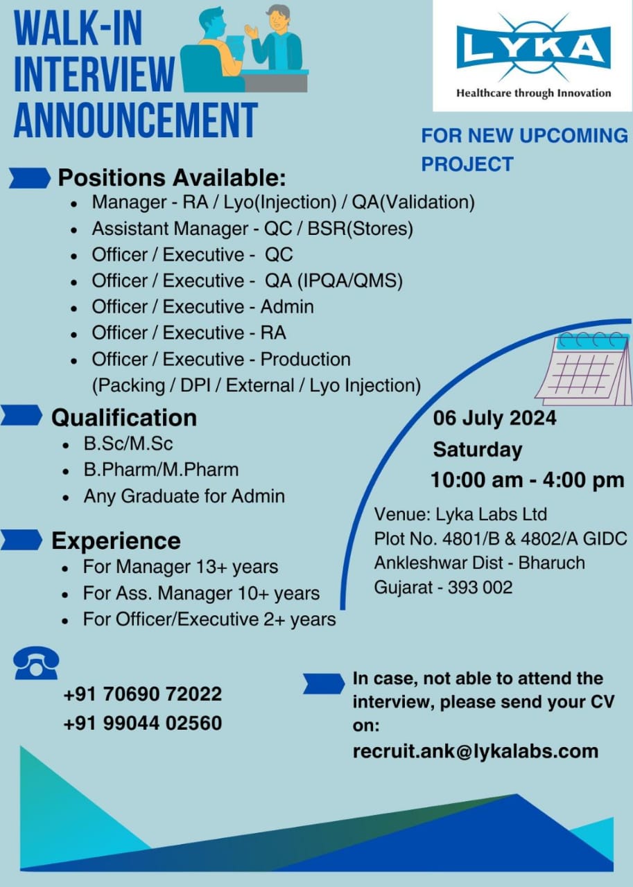 Lyka Labs Ltd hiring Officer to Manager in RA, QA, QC, Admin ...