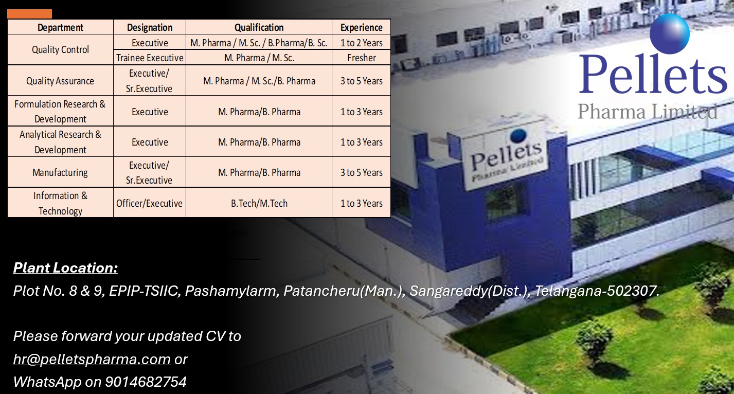 Pellets Pharma Limited hiring Freshers & Experience in QC, QA, FR&D, AR ...