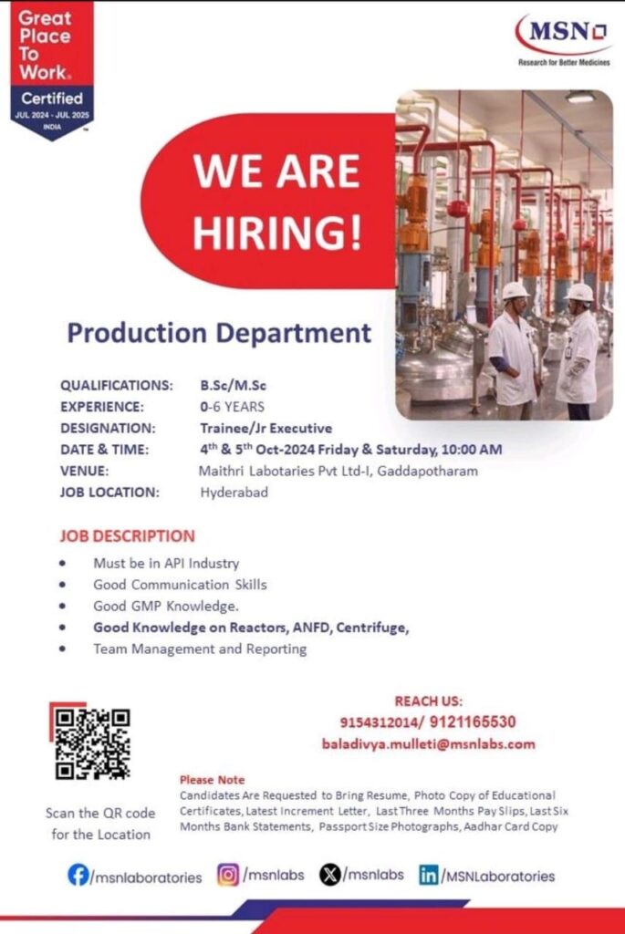MSN Laboratories walk-in interview for freshers