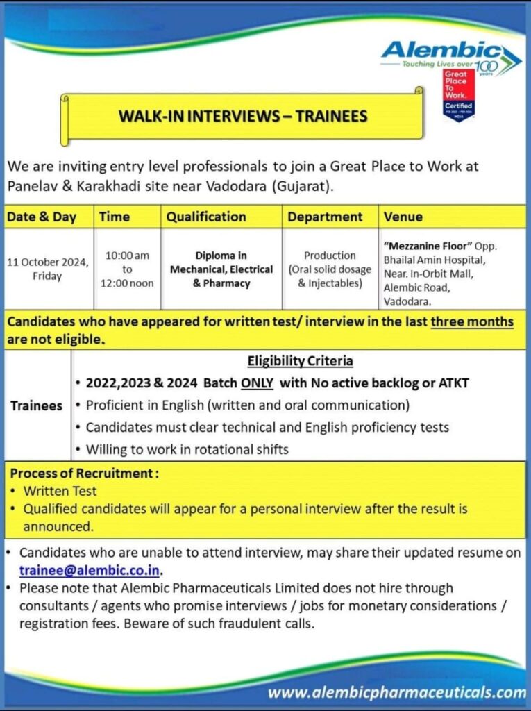 Alembic Pharma walk in for Freshers in Production (Oral solid dosage & Injectables) on 11 October 2024, Friday