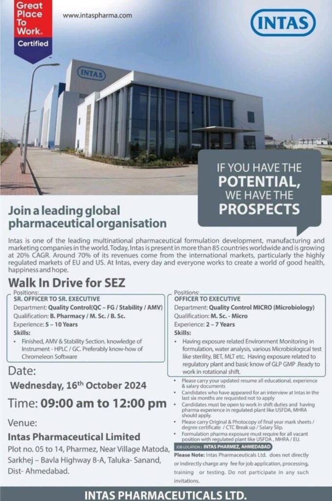 Intas Pharma Walk In Drive for Quality Control