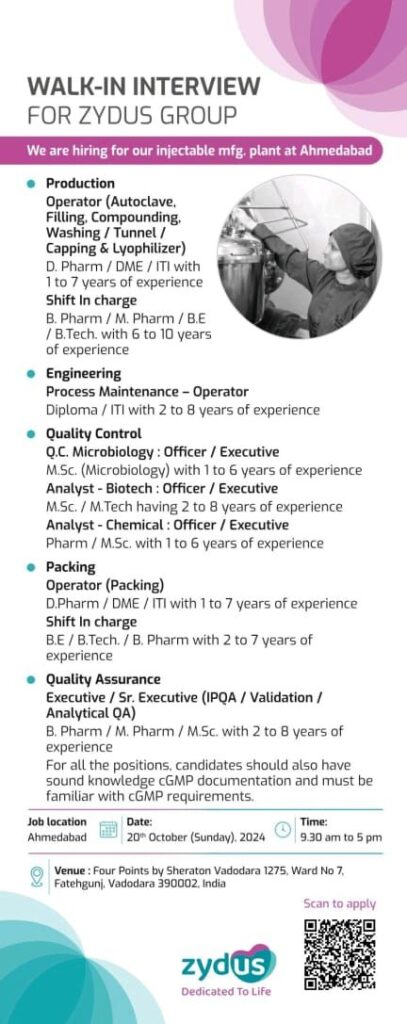 Zydus Group Walk-in Injectable QA, QC, Production, Packing & Engineering 