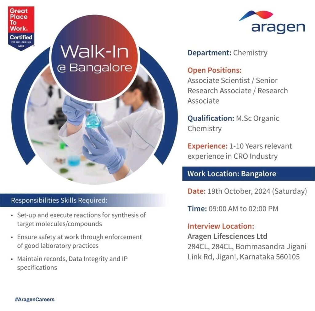 Aragen Lifesciences Walk-In Drive Alert @ Bangalore