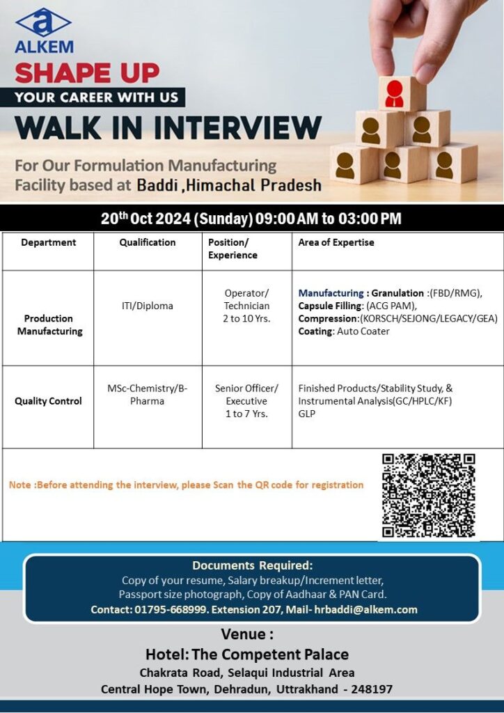Alkem is hosting walk-in interviews