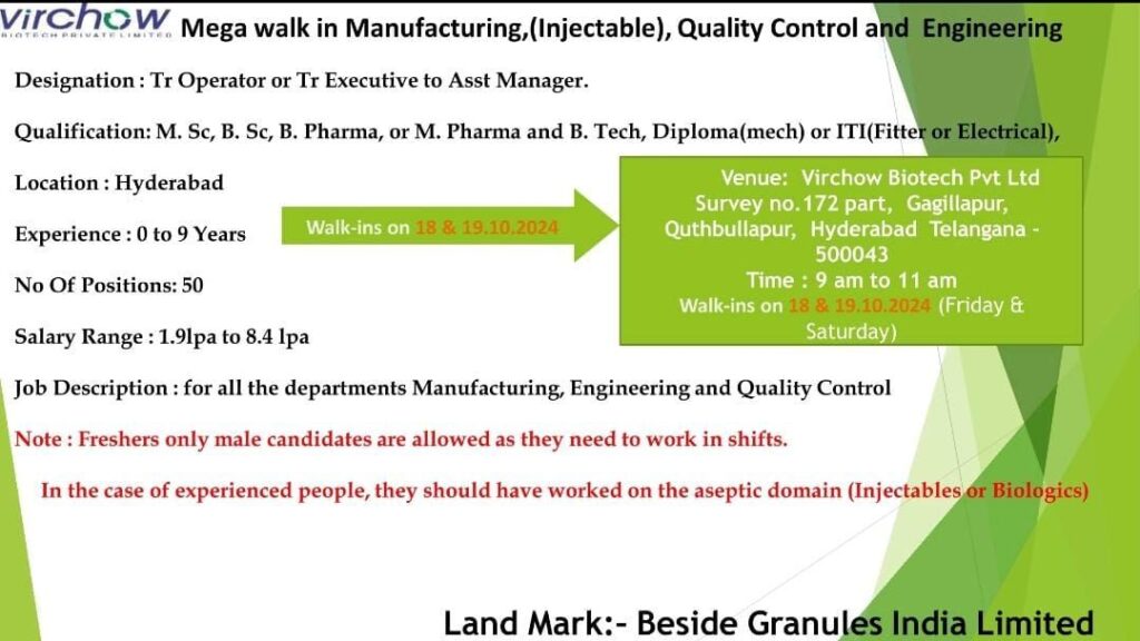 Virchow Biotech Mega walk in For Freshers & Experience Candidates